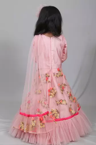 Pink embroidered art silk kids-frocks