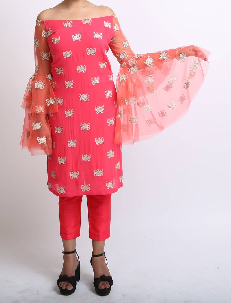 Shocking pink  kurti and cigarette pants