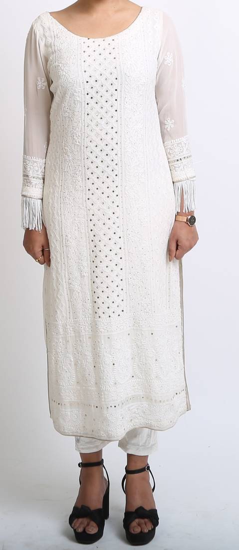 White lucknowi kurti and cigarette pants