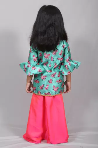 Blue printed cotton silk top with skirt dhoti for girls