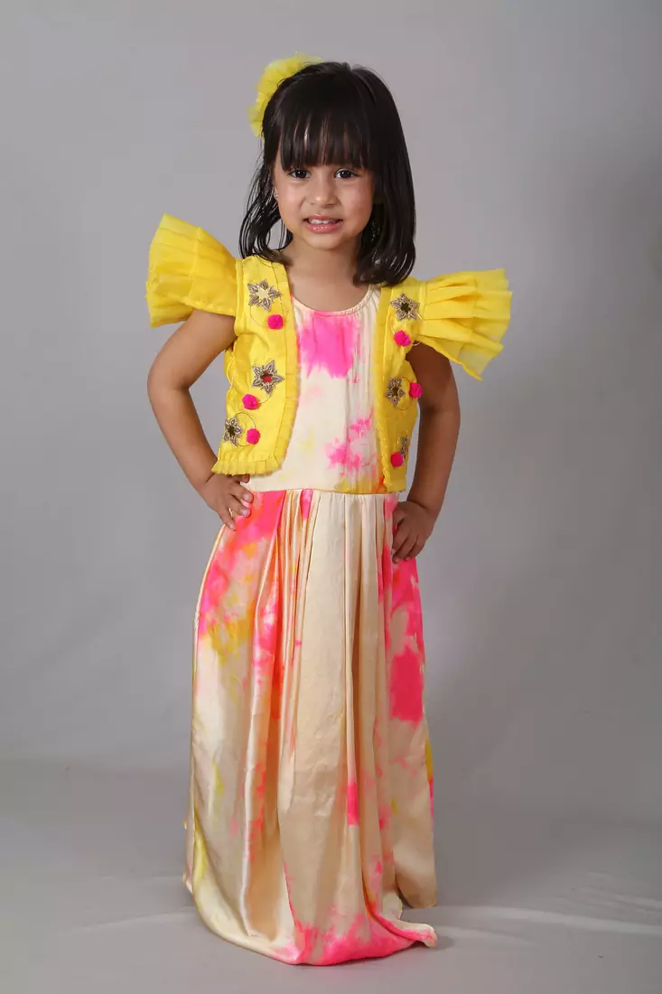 White printed art silk kids-frocks