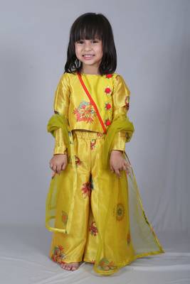 Yellow printed art silk kids salwar suit 1