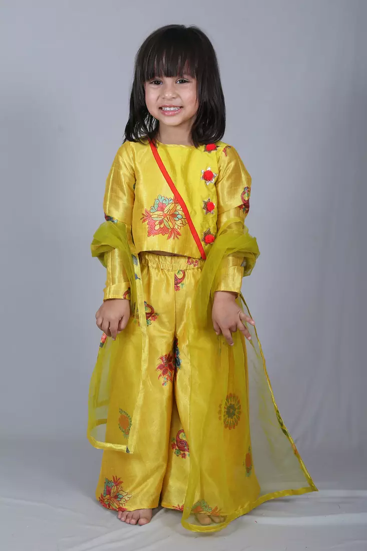 Yellow printed art silk kids salwar suit