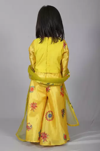 Yellow printed art silk kids salwar suit