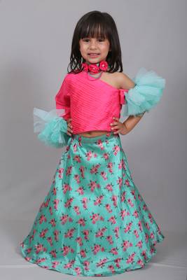 Pink printed art silk kids lehenga choli 1