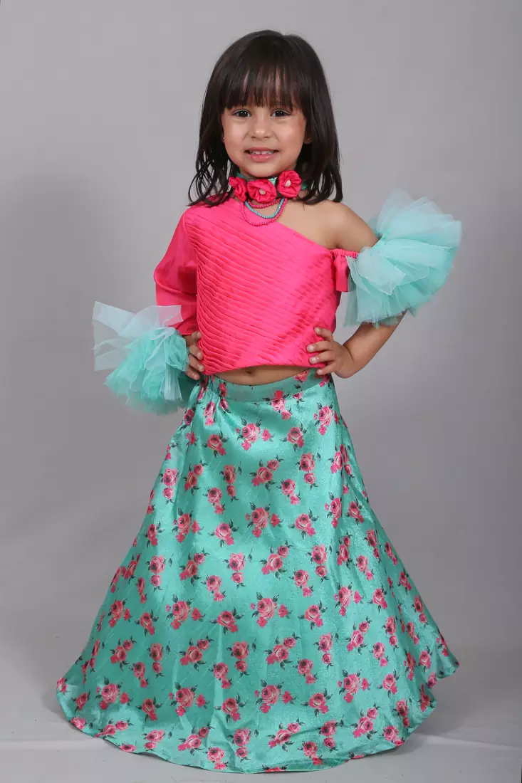 Pink printed art silk kids lehenga choli