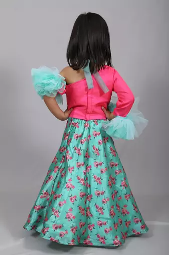 Pink printed art silk kids lehenga choli