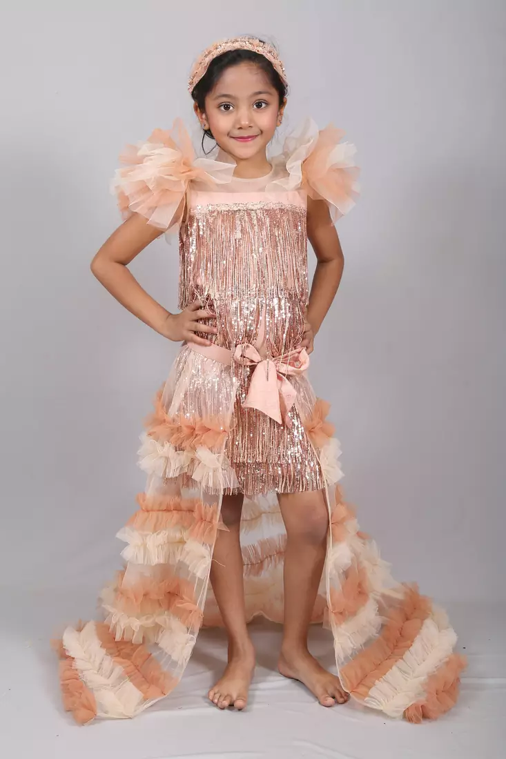 Gold embroidered net kids lehenga choli