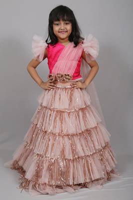 Pink embroidered art silk kids-frocks 1