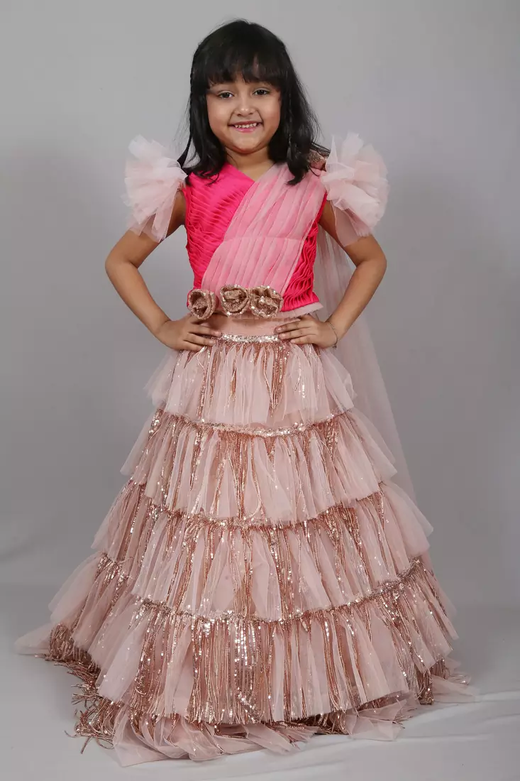 Pink embroidered art silk kids-frocks