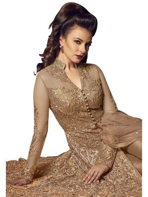Beige embroidered net salwar with dupatta 2