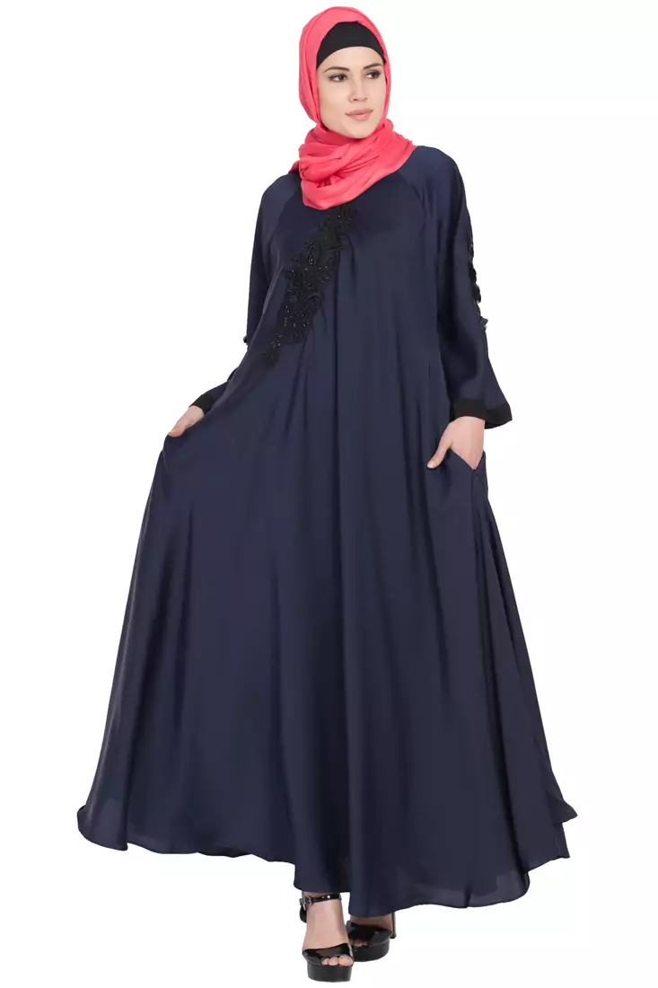 Nida Embroidered Patch Umbrella Navy Abaya