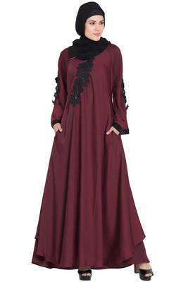 Maroon Embroidered Patch Nida Umbrella Abaya 1