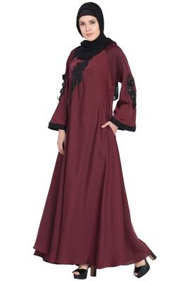 Maroon Embroidered Patch Nida Umbrella Abaya 3