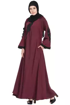 Maroon Embroidered Patch Nida Umbrella Abaya