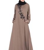 Coffee Brown Hand Work Beads Embellished Nida Party Abaya