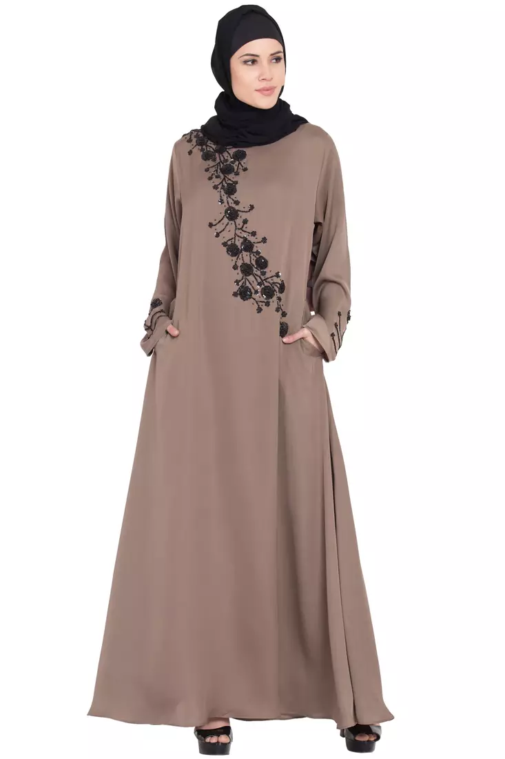 Coffee Brown Hand Work Beads Embellished Nida Party Abaya