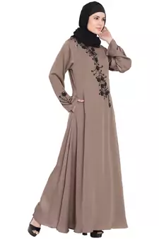 Coffee Brown Hand Work Beads Embellished Nida Party Abaya