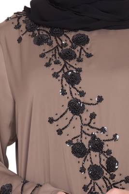 Coffee Brown Hand Work Beads Embellished Nida Party Abaya 5