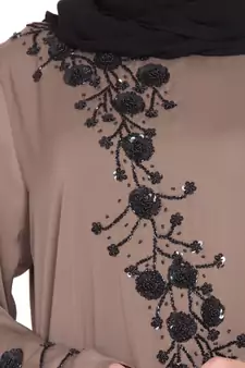Coffee Brown Hand Work Beads Embellished Nida Party Abaya