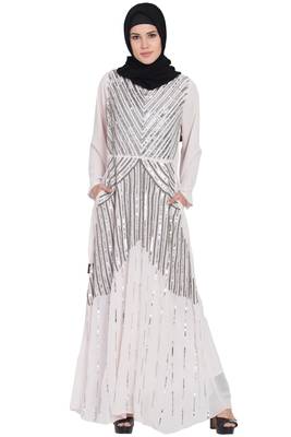 Light Pink Sequins Beads Hand Work Georgette Abaya 1