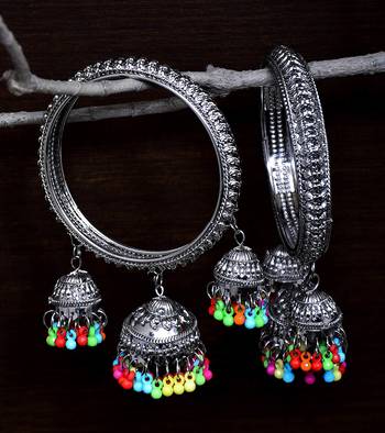 Silver Plated Pair of Designer Bangles with Multiple Hanging Jhumkis 1