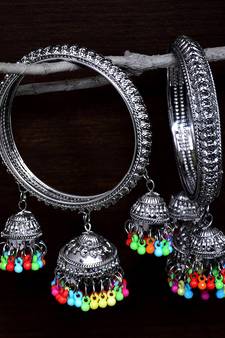 Silver Plated Pair of Designer Bangles with Multiple Hanging Jhumkis