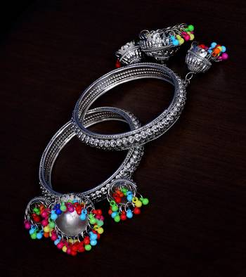 Silver Plated Pair of Designer Bangles with Multiple Hanging Jhumkis 2
