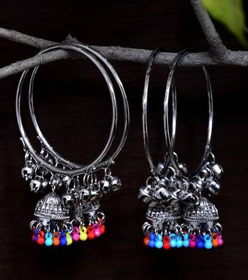 Silver Plated Two Pairs of Designer Bangles with Multiple Hanging Jhumkis and Bells 1
