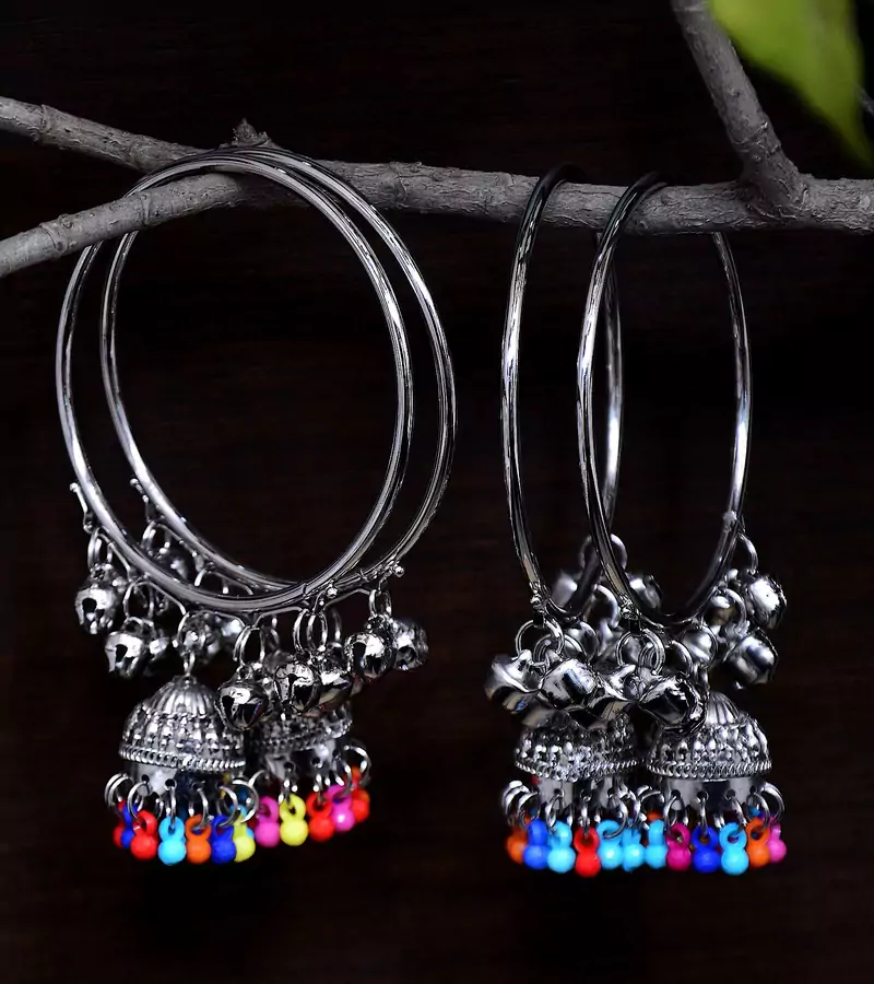Silver Plated Two Pairs of Designer Bangles with Multiple Hanging Jhumkis and Bells