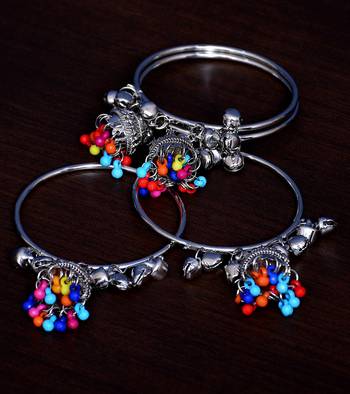 Silver Plated Two Pairs of Designer Bangles with Multiple Hanging Jhumkis and Bells 2