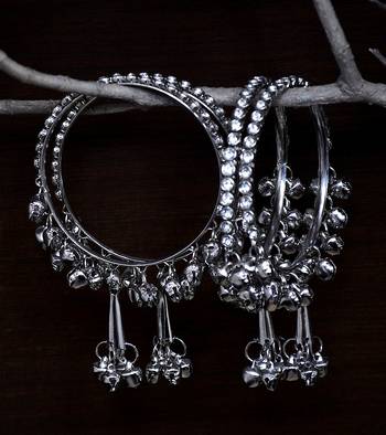 Silver Plated Kundan Embellished Two Pairs of Designer Bangles with Hanging Bells 1