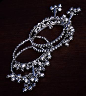 Silver Plated Kundan Embellished Two Pairs of Designer Bangles with Hanging Bells 2
