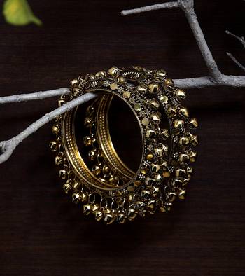 Gold Plated Pair of Designer Bangles with Hanging Bell All Around 1