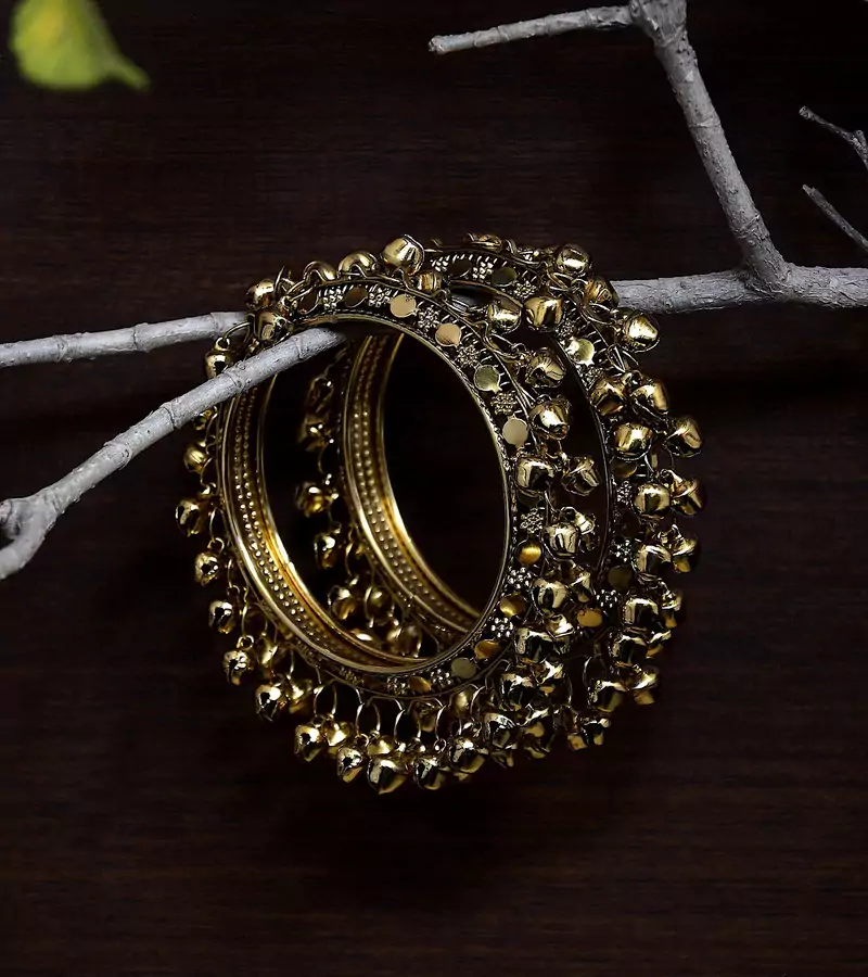 Gold Plated Pair of Designer Bangles with Hanging Bell All Around