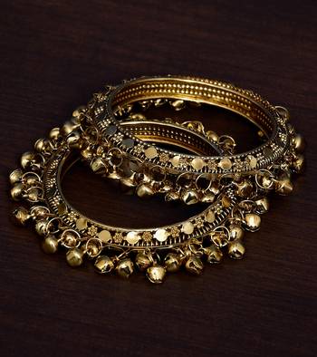Gold Plated Pair of Designer Bangles with Hanging Bell All Around 2
