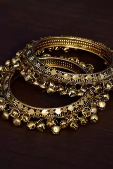 Gold Plated Pair of Designer Bangles with Hanging Bell All Around