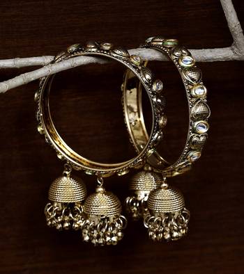 Gold Plated Kundan Embellished Pair of Designer Bangles with Multiple Hanging Jhumkis and Bells 1