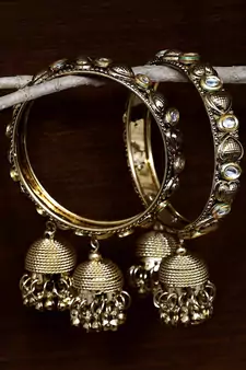 Gold Plated Kundan Embellished Pair of Designer Bangles with Multiple Hanging Jhumkis and Bells