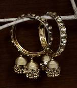 Gold Plated Kundan Embellished Pair of Designer Bangles with Multiple Hanging Jhumkis and Bells