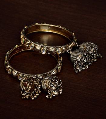 Gold Plated Kundan Embellished Pair of Designer Bangles with Multiple Hanging Jhumkis and Bells 2