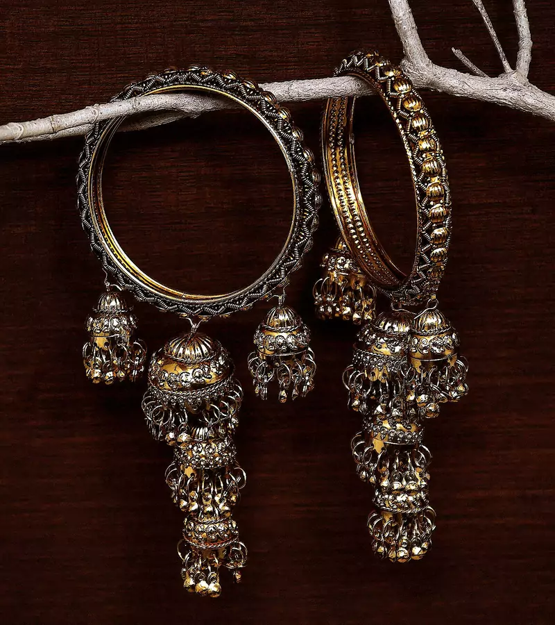 Bollywood Look with Multiple Hanging Jhumkis and Punjabi Kalire Styled Bangles