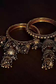 Bollywood Look with Multiple Hanging Jhumkis and Punjabi Kalire Styled Bangles