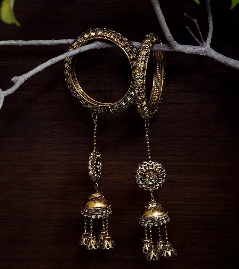 Gold Plated Zircon Stone Embellished Pair of Punjabi Long Kalire Styled Bangles