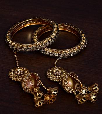 Gold Plated Zircon Stone Embellished Pair of Punjabi Long Kalire Styled Bangles 2