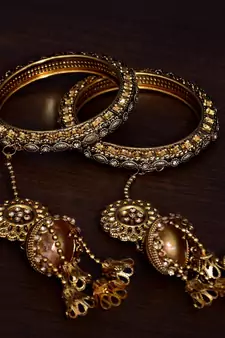 Gold Plated Zircon Stone Embellished Pair of Punjabi Long Kalire Styled Bangles