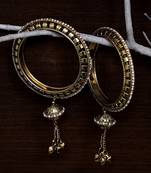 Gold Plated Zircon Stone and Seed Pearls Embellished Pair of Bangles with Hanging Bells