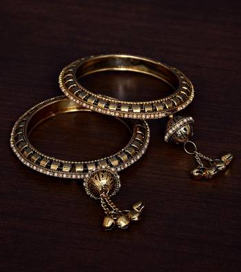 Gold Plated Zircon Stone and Seed Pearls Embellished Pair of Bangles with Hanging Bells 2