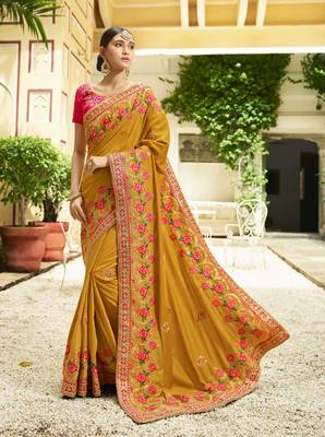 Mustard Embroidered Silk Blend Saree With Blouse 1