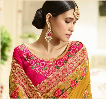 Mustard Embroidered Silk Blend Saree With Blouse 2